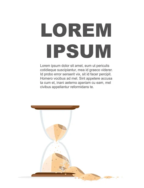 Icono de colores de relojes de arena rotos. La arena se derrama. Ilustración vectorial plana sobre fondo blanco. Medición del tiempo antiguo. Vidrio transparente. Folleto publicitario o diseño de tarjetas de felicitación — Vector de stock