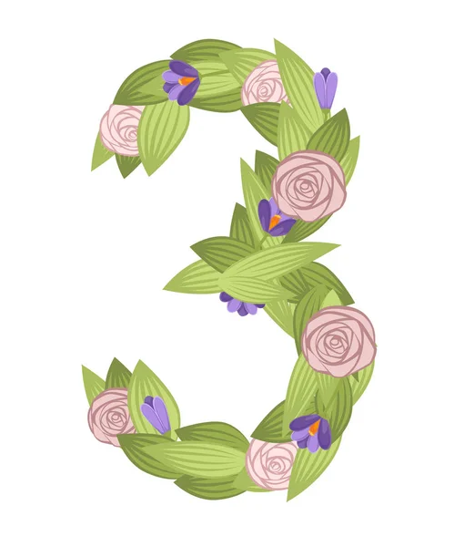 Číslo tři. Návrh písem v kresleném květu. Číslo 3 s květinami a listy. Plochá vektorová ilustrace izolovaná na bílém pozadí — Stockový vektor