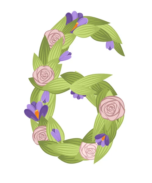 Numero sei. Cartoon flower font design. Numero 6 con fiori e foglie. Illustrazione vettoriale piatta isolata su sfondo bianco — Vettoriale Stock