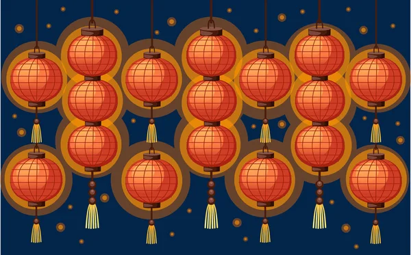 Linternas chinas en forma de bola. Ilustración vectorial plana sobre fondo azul oscuro. Linterna asiática clásica roja y naranja. Año Nuevo Chino. Folleto publicitario o diseño de tarjetas de felicitación — Archivo Imágenes Vectoriales