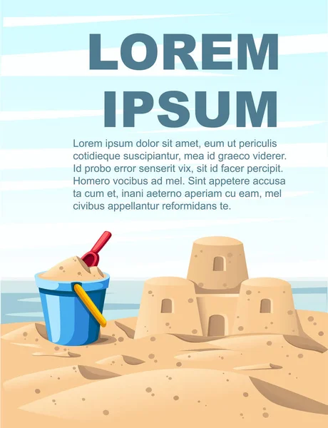 Castillo de arena simple con cubo azul y pala roja. Diseño de dibujos animados. Ilustración vectorial plana sobre fondo de playa. Cielo azul con nubes, mar u océano. Folleto publicitario o diseño de tarjetas de felicitación — Vector de stock