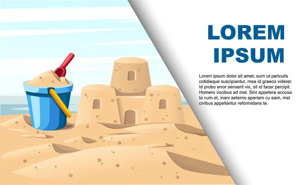 Simple sand castle with blue bucket and red shovel. Cartoon design. Flat vector illustration on beach background. Blue sky with clouds, sea or ocean. Advertising flyer or greetings card design