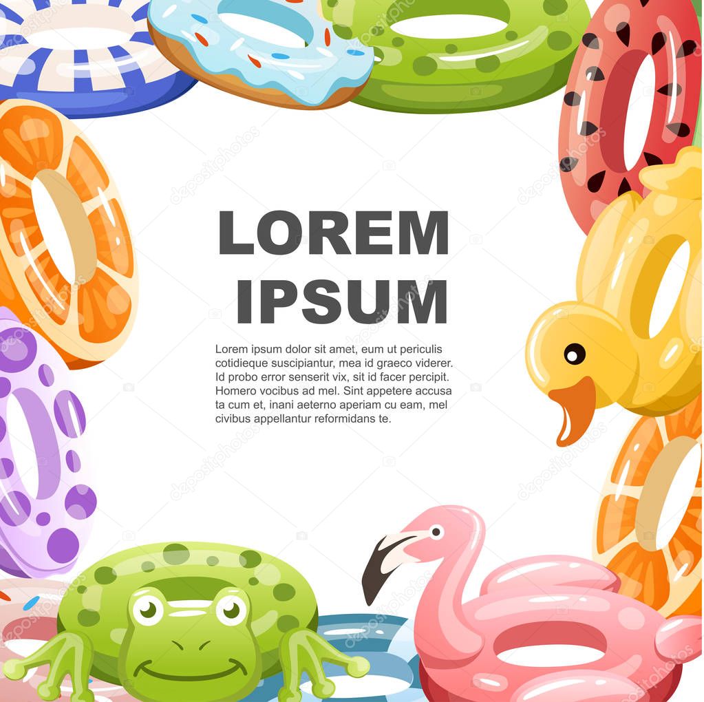 Swim rings set. Inflatable rubber toy. Swimming circles with different textures and shapes. Flat vector illustration on white background. Advertising flyer or greetings card design. Place for text