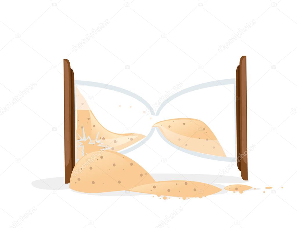 Broken Hourglasses colored icon. Sand pours out. Flat vector illustration isolated on white background. Antique time measurement. Transparent glass