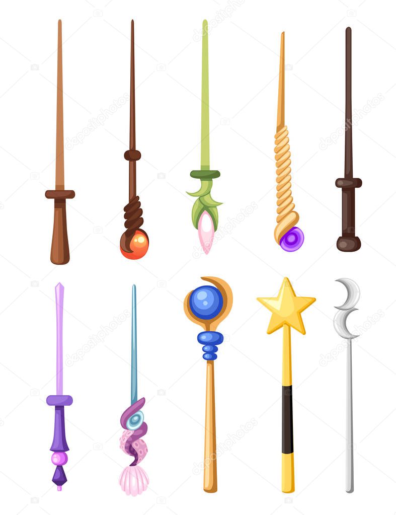 Magic wand set. Fantasy staff collection. Magical equipment for games or cartoons. Flat vector illustration isolated on white background