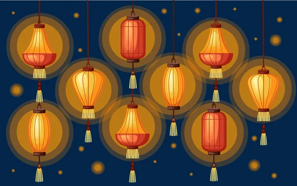 Lanternas chinesas em forma diferente. Ilustração vetorial plana sobre fundo azul escuro. Lanterna asiática clássica vermelha e laranja. Ano Novo Chinês. Folheto publicitário ou design de cartões de felicitações — Vetor de Stock