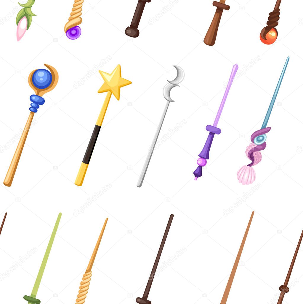 Seamless pattern. Magic wand set. Fantasy staff collection. Magical equipment for games or cartoons. Flat vector illustration on white background