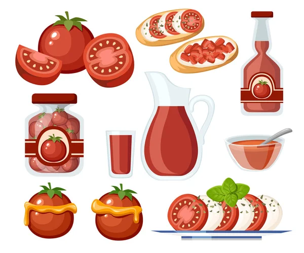 トマト製品と料理のコレクション。新鮮で調理されたトマト。透明なガラス瓶にトマトとガラスジャグのジュース。白い背景に分離されたフラットベクトルイラストレーション — ストックベクタ