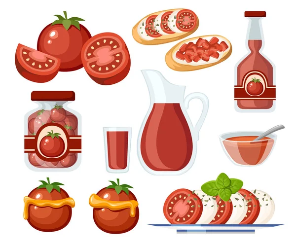 Colección de productos y platos de tomate. Tomates frescos y cocidos. Tomates en frasco de vidrio transparente y jugo en jarra de vidrio. Ilustración vectorial plana aislada sobre fondo blanco — Archivo Imágenes Vectoriales