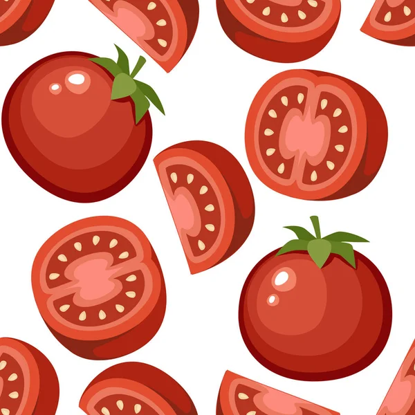 Безшовний візерунок. Свіжі помідори і шматочки помідорів. Цільні і напівнарізані соковиті помідори. Плоский вектор ілюстрації на білому фоні. Свіжий червоний овоч, вегетаріанський, веганський здоровий органічні продукти харчування — стоковий вектор