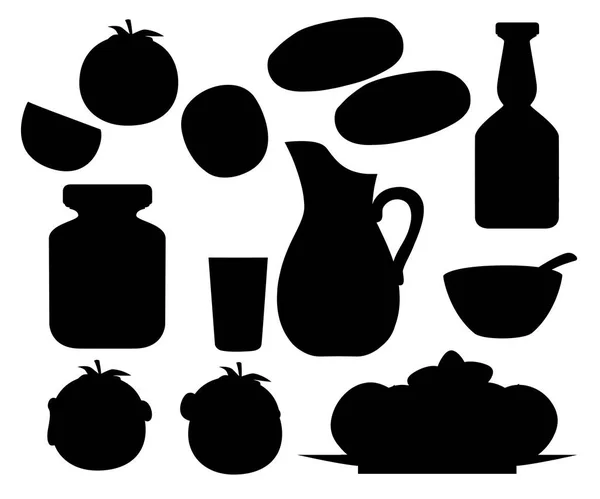 Silhouette nera. Raccolta di prodotti e piatti di pomodoro. Pomodori freschi e cotti. Pomodori in vaso di vetro trasparente e succo in brocca di vetro. Illustrazione vettoriale piatta isolata su sfondo bianco — Vettoriale Stock