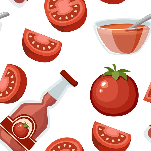 Patrón sin costuras. Tomates frescos y ketchup. Tomates jugosos enteros y medio cortados. Ilustración vectorial plana sobre fondo blanco. Vegetariano, Vegetariano, Vegetariano Alimento orgánico saludable — Archivo Imágenes Vectoriales