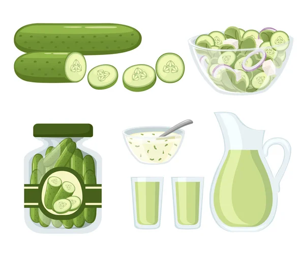 Collection of cucumber products and dishes. Fresh and Cooked cucumbers. Cucumber in transparent glass jar and juice in glass jug. Flat vector illustration isolated on white background — Stock Vector