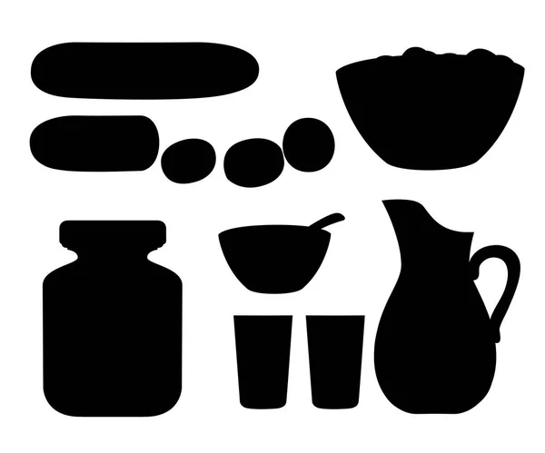 Чорний силует. Колекція огірків та посуду. Свіжі та приготовані огірки. Огірок у скляній банці та сік у скляній банці. Плоска векторна ілюстрація ізольована на білому тлі — стоковий вектор