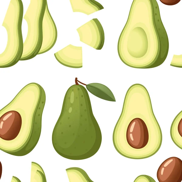 Sömlöst mönster. Färsk avokado och skiva avokado. Hel och halv skuren saftig avokado. Platt vektor illustration på vit bakgrund. Färsk grön frukt, Vegetarisk, vegan hälsosam ekologisk mat — Stock vektor