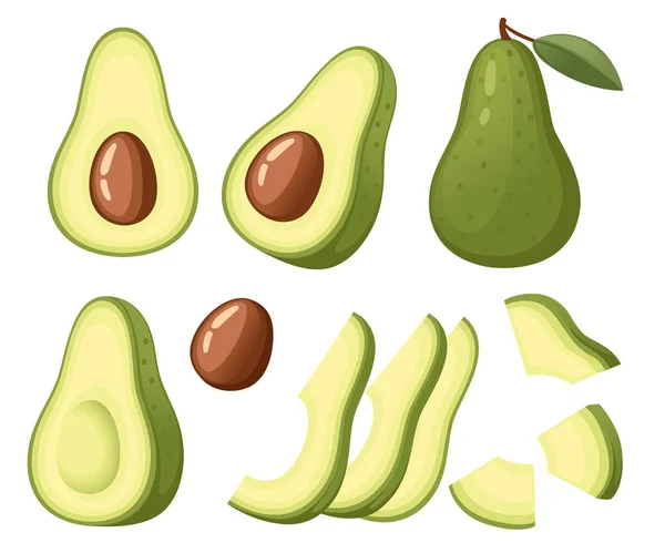 Färsk avokado och skiva avokado. Hel och halv skuren saftig avokado. Platt vektor illustration på vit bakgrund. Färsk grön tropisk frukt, Vegetarisk, vegan hälsosam ekologisk mat — Stock vektor