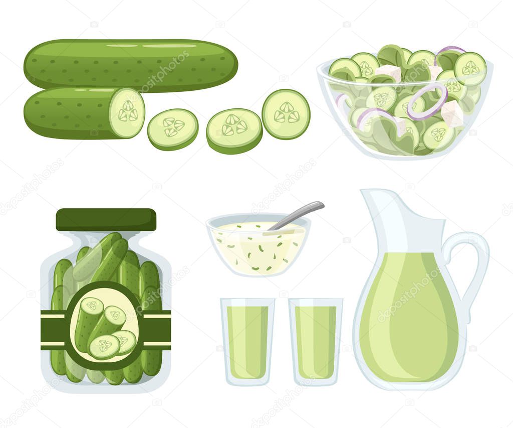 Collection of cucumber products and dishes. Fresh and Cooked cucumbers. Cucumber in transparent glass jar and juice in glass jug. Flat vector illustration isolated on white background