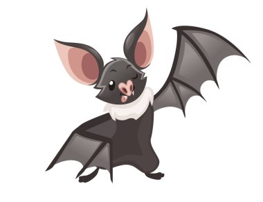 Çizgi film sopası. Sevimli vampir yarasa, uçan memeli. Düz vektör çizimi beyaz arka planda yalıtılmış. Çizgi film karakter tasarımı. Yarasa kanat çırpma, el sallayarak