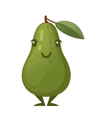Avokado maskotu. Çizgi film karakter tasarımı. Düz vektör çizimi beyaz arka planda yalıtılmış. Vejetaryen, vegan Sağlıklı organik gıda. Reklam el ilanı veya tebrik kartı tasarımı