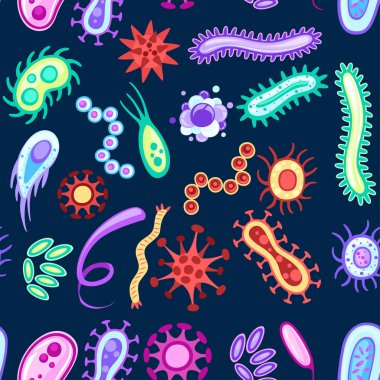 Kusursuz desen. Renkli Bakteriler ve mikroplar. Koyu mavi arka plandaki mikroorganizmalar. Farklı bakteri türleri. Reklam el ilanı veya tebrik kartı tasarımı. Düz vektör çizimi