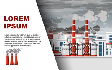 Hava kirliliği sorunu büyük tüpler enerji tesisi veya fabrika ile endüstriyel cityscape toksik duman düz vektör illüstrasyon yatay afiş ile