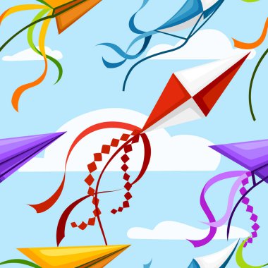 Beyaz bulutlar, renkli uçurtma karikatür tarzı düz vektör illüstrasyon yatay afiş ile mavi gökyüzünde sinek uçurtma Desen