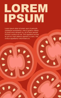 Taze domates dilimi. Yarım doğranmış sulu domates. Kırmızı arka plan üzerinde düz vektör çizimi. Taze kırmızı Sebze, Vejetaryen, vegan Sağlıklı organik gıda. Dikey afiş