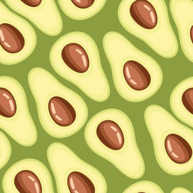 Kusursuz desen. Bir dilim avokado. Yarısı kesilmiş sulu avokado. Düz vektör çizimi. Vejetaryen, vegan Sağlıklı organik gıda