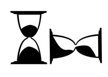 Siyah siluet. Saat gözlükleri simgesi. Düz vektör çizimi beyaz arka planda yalıtılmış. Antika zaman ölçümü. Şeffaf cam. Dikey ve yatay saat gözlükleri