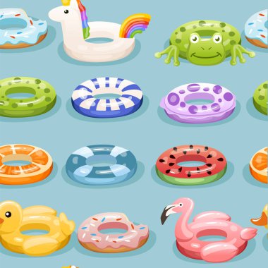 Kusursuz desen. Yüzme halkaları seti. Şişme kauçuk oyuncak. Farklı doku ve şekiller ile yüzme daireler. Mavi arka planda düz vektör çizimi