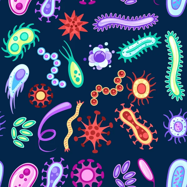 Patrón sin costuras. Coloridas bacterias y gérmenes. Microorganismos sobre fondo azul oscuro. Diferentes tipos de bacterias. Folleto publicitario o diseño de tarjetas de felicitación. Ilustración vectorial plana — Vector de stock