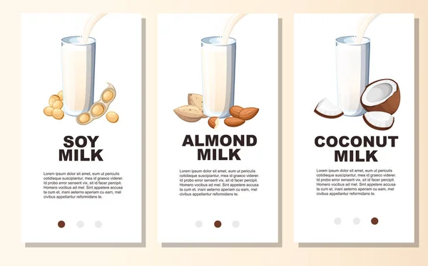 Mandelmjölk, sojamjölk, kokosmjölk, hälla i dricksglas. Platt vektor illustration. Vegetarisk dryck, mat. Naturliga tillstånd, hälsokost. Vertikala banners design, reklam webbmall — Stock vektor