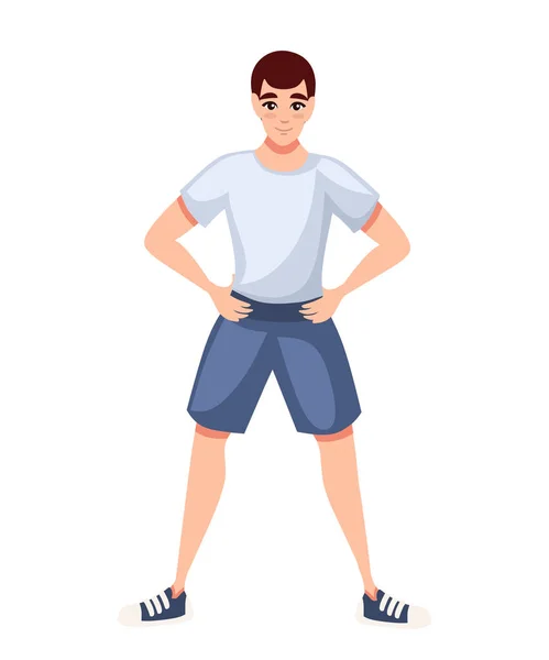 Hombre en traje de fitness haciendo ejercicio dibujos animados diseño de personajes vector plano ilustración — Archivo Imágenes Vectoriales