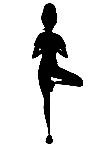 Silhueta preta Mulheres em estande de roupa fitness em poses de ioga equilibrando em uma perna desenho de personagem de desenho animado ilustração vetorial plana — Vetor de Stock