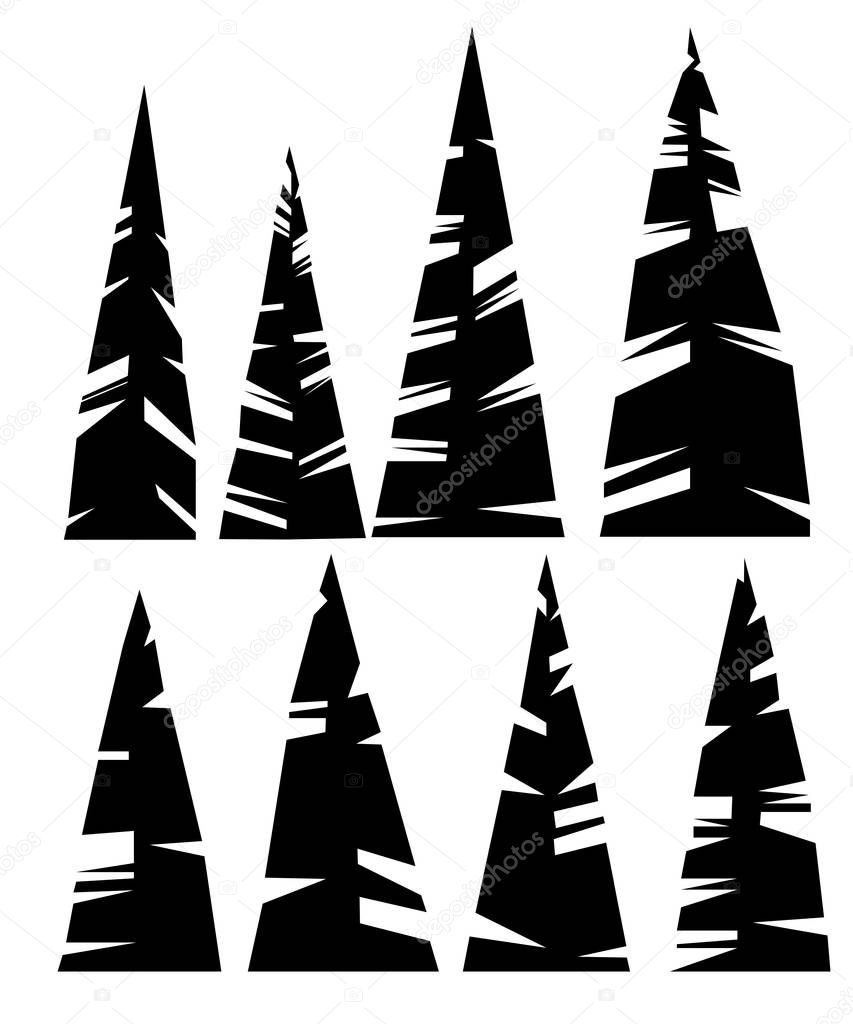 Black silhouette set of eight green evergreen pine tree different size of spruce tree icon collection flat vector illustration