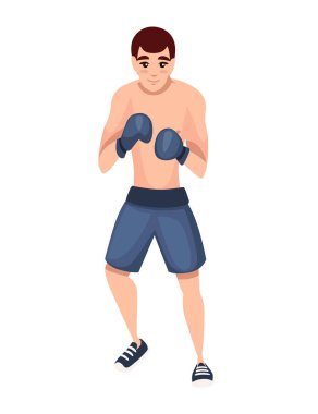 Boks eldivenleri ile spor pantolon Boxer beyaz arka plan üzerinde izole eğitim karikatür karakter tasarımı düz vektör illüstrasyon üzerinde savunma duruşu standı