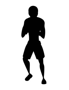 Boks eldivenleri ile spor pantolon siyah siluet Boxer beyaz arka plan üzerinde izole eğitim karikatür karakter tasarımı düz vektör illüstrasyon savunma duruşu standı