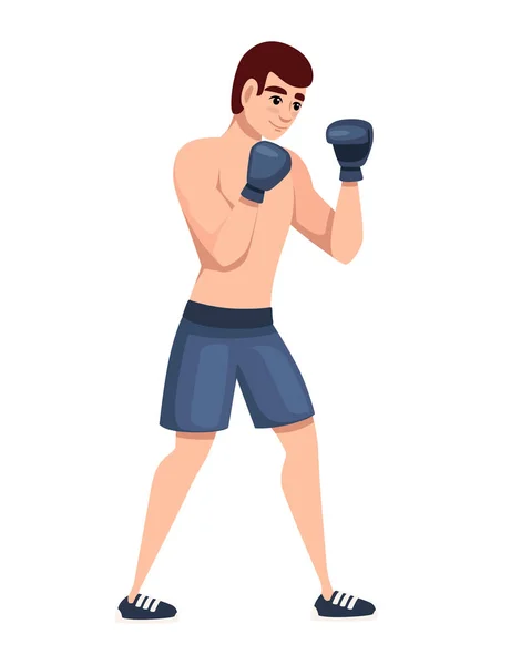 Boxer in sports pants with boxing gloves stand in defensive stance on training cartoon character design flat vector illustration isolated on white background