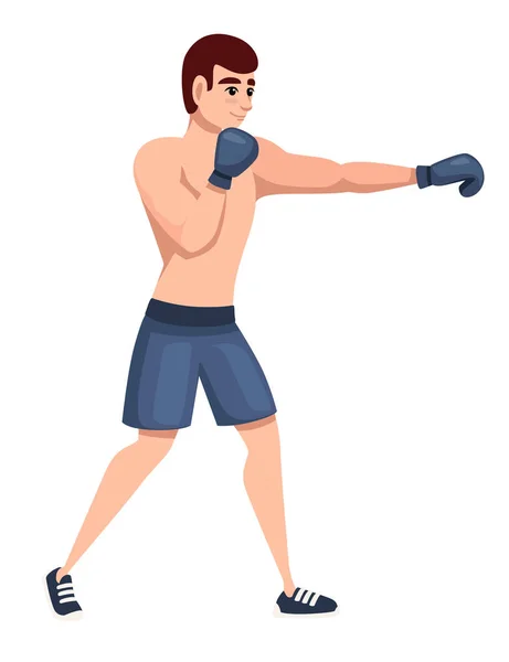 Boxeador en pantalones deportivos con guantes de boxeo entrenamiento de perforación diseño de personajes de dibujos animados ilustración vectorial plana aislada sobre fondo blanco — Archivo Imágenes Vectoriales