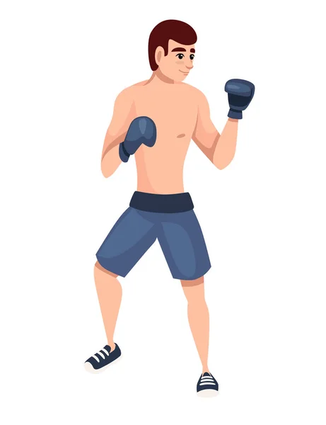 Boxeador en pantalones deportivos con guantes de boxeo entrenamiento de perforación diseño de personajes de dibujos animados ilustración vectorial plana aislada sobre fondo blanco — Vector de stock