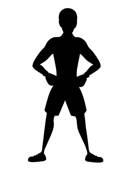 Fekete Silhouette Boxer a sport nadrág ökölvívó kesztyű állni képzési rajzfilmfigura design lapos vektor illusztráció elszigetelt fehér háttér — Stock Vector