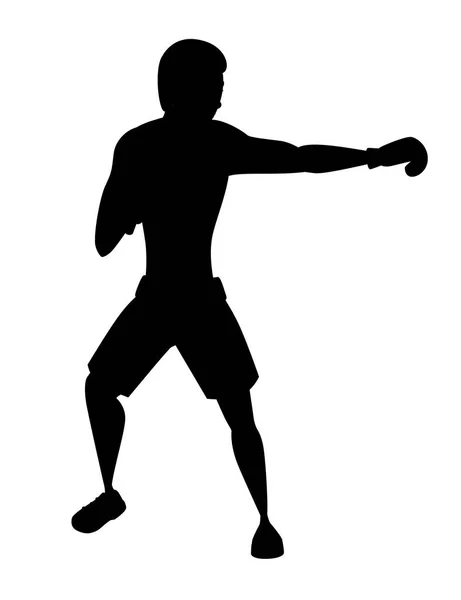 Preto silhueta Boxer em calças de esportes com luvas de boxe perfurando treinamento desenho de personagens de desenhos animados ilustração vetorial plana isolada no fundo branco — Vetor de Stock