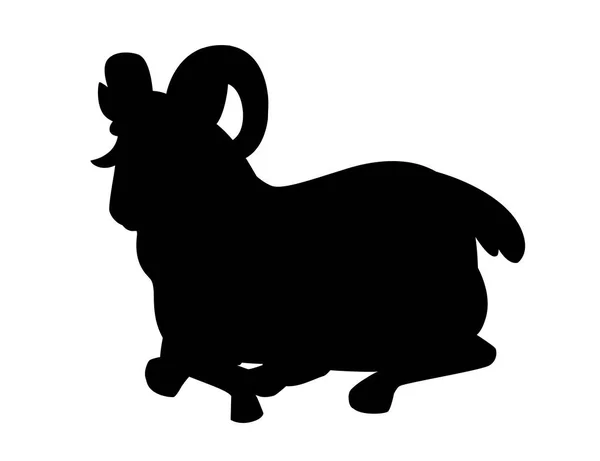 黑色剪影角山公羊坐在地板上卡通人物设计平面矢量动物插图孤立在白色背景 — 图库矢量图片