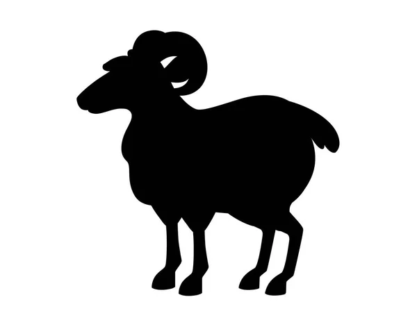 Siyah siluet boynuzlu dağ koç koyun çizgi film karakter tasarımı düz vektör hayvan illüstrasyon beyaz arka plan izole — Stok Vektör