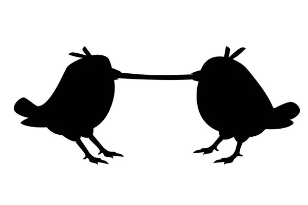 Schwarze Silhouette niedlich zwei kleine Küken stehen und essen Wurm Seitenansicht Cartoon Charakter Design flache Vektor Illustration — Stockvektor