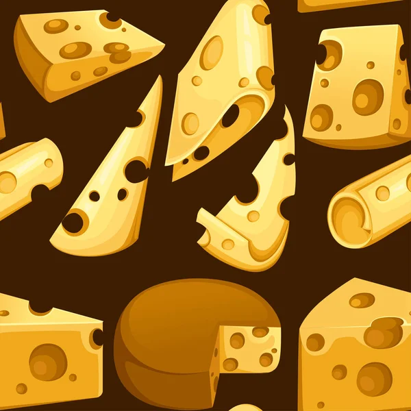 Bezproblémový vzor. Sbírka řezů sýra. Trojúhelníkový kousek sýra. Sada ikon pro mléčné výrobky. Plochá vektorová ilustrace na hnědém pozadí — Stockový vektor