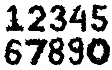 Siyah siluet sayı kümesi. Karikatür çiçek yazı tipi tasarımı. Çiçekler ve yapraklarla 0'dan 9'a kadar. Beyaz arka planda yalıtılmış düz vektör çizimi