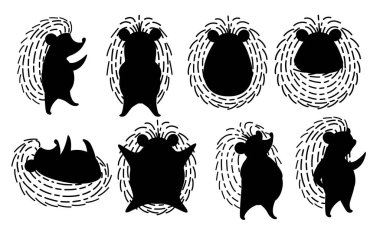 Sevimli kirpi, orman hayvanı siyah siluet seti. Dikenli memeli. Kirpi iki ayak üzerinde dur. Sevimli karikatür hayvan tasarımı. Beyaz arka planda yalıtılmış düz vektör çizimi