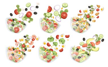 Farklı malzemelerle sebze salatası seti. Salata şeffaf kaseye düşer. Taze sebze karikatür simgesi tasarım gıda. Beyaz arka planda yalıtılmış düz vektör çizimi