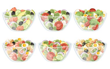 Farklı malzemelerle sebze salatası seti. Şeffaf kasede salata. Taze sebze karikatür simgesi tasarım gıda. Beyaz arka planda yalıtılmış düz vektör çizimi